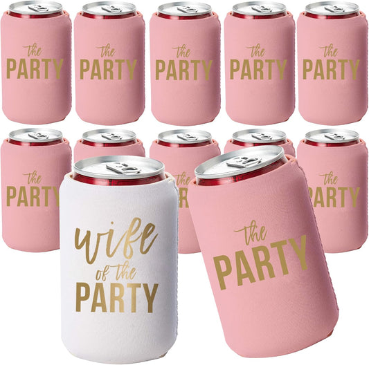 Wife of the Party and The Party Bachelorette Can Coolers - Set of 12, Perfect for Decorations and Bridesmaid Gifts (Dusty Rose, Regular)
