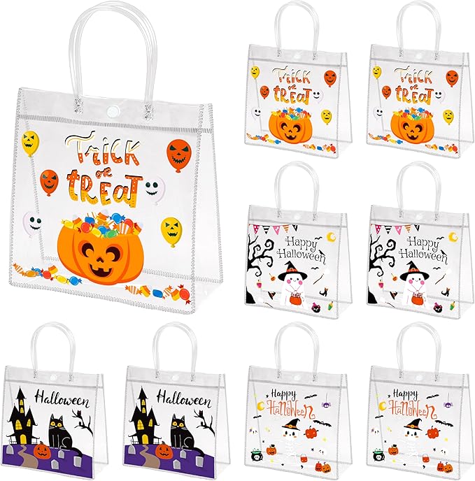 H1vojoxo Halloween Themed Gift Bags - 24PCS Happy Halloween Clear PVC Bags with Handle Reusable Trick or Treat Goodie Treat Candy Tote Bag for Kids Pumpkin Ghost PVC Tote Bag for Party Decoration