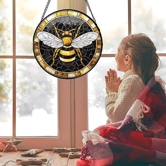 Stained Glass Window Hanging - Black Gold Bee White Wings Sun Catcher for Door Home Decor Insect Suncatcher Christmas Mother's Day Birthday Gifts for Women Men Lovers Mom Nana 15 in