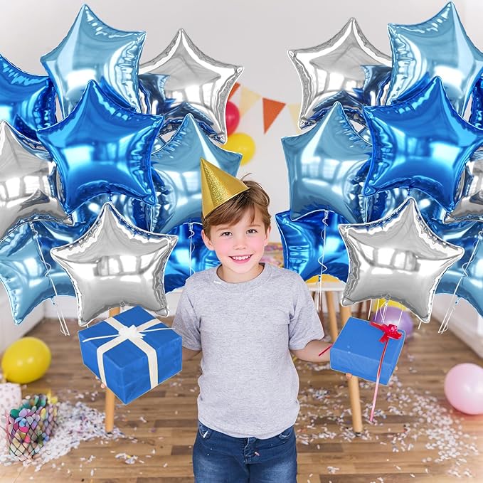 Blue Silver Star Foil Balloons, 10PCS Blue and Silver Foil Stars Shape Balloons, 18 Inch Metallic Stars Balloon for Helium Pentagram Balloon for Boys Men Birthday, Anniversary Party Decorations