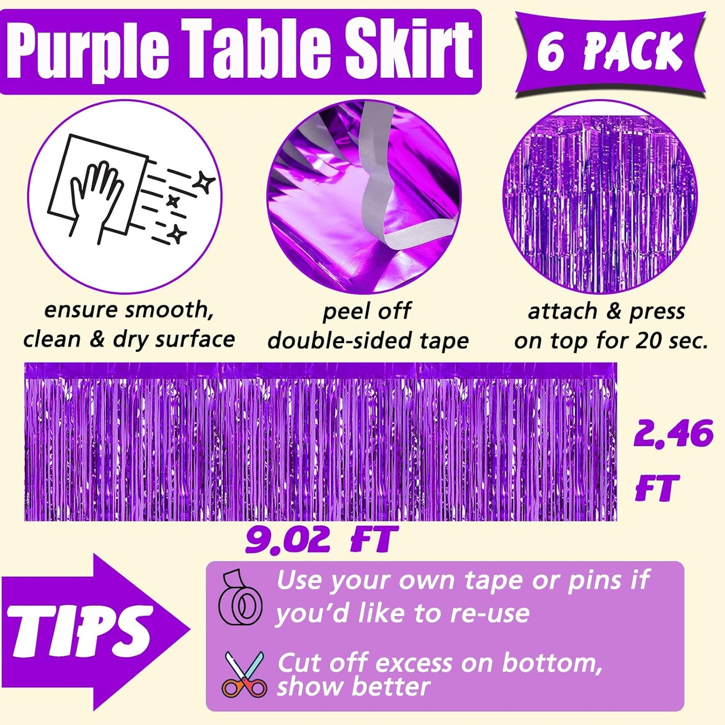 6 Pack 29x108 Inch Purple Metallic Foil Fringe Table Skirts Banner for Tinsel Streamer Garland Curtains Backdrop for Parade Floats Wedding Baby Shower Birthday Christmas Halloween Party Decoration