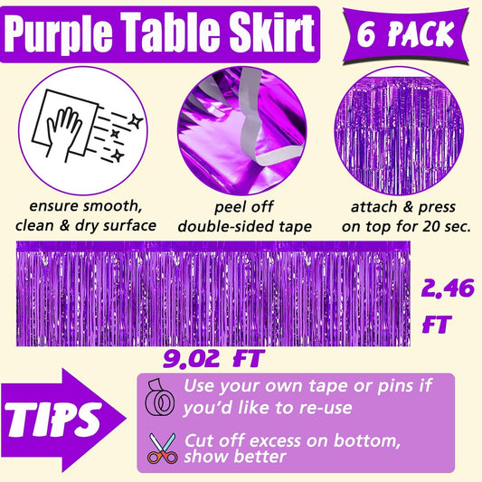 6 Pack 29x108 Inch Purple Metallic Foil Fringe Table Skirts Banner for Tinsel Streamer Garland Curtains Backdrop for Parade Floats Wedding Baby Shower Birthday Christmas Halloween Party Decoration