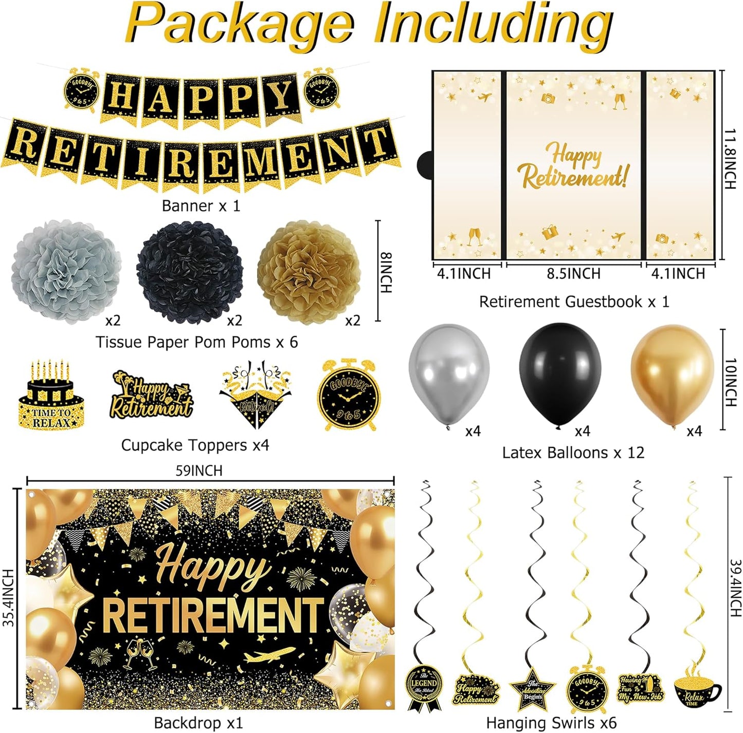 DARUNAXY Retirement Party Decorations, Black Gold Happy Retirement Banner, Officially Retired Signature Guestbook The Legend Has Retired Balloons Hanging Swirl Tissue Paper Pom Poms Supplies for Men