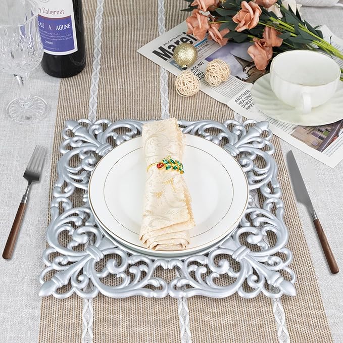 MAONAME 12" Silver Charger Plates Set of 6, Mirror Charger for Dinner Plates, Plastic Plate Chargers with Embossed Rims, Square Chargers for Table Setting, Wedding