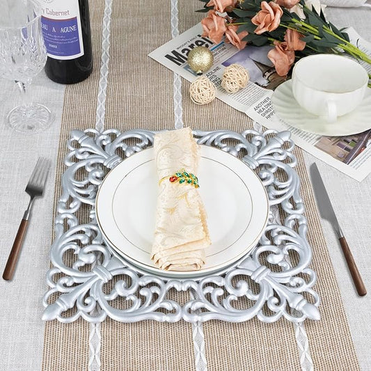 MAONAME 12" Silver Charger Plates Set of 6, Mirror Charger for Dinner Plates, Plastic Plate Chargers with Embossed Rims, Square Chargers for Table Setting, Wedding