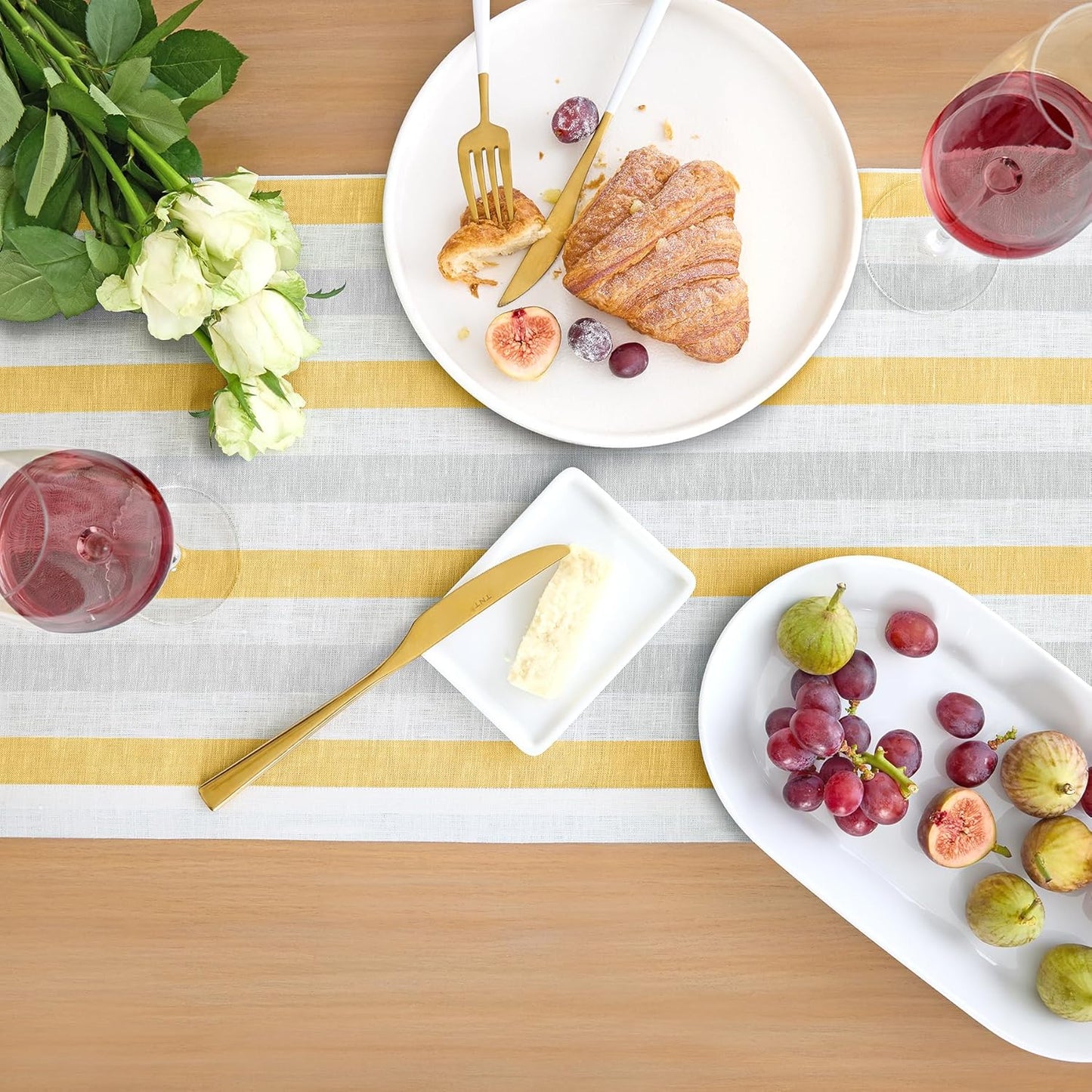 Solino Home Linen Striped Table Runner 60 Inches - Sorrento Stripe, 100% Pure Linen Yellow and Grey Small Table Runner 14 x 60 Inch Ideal for Dresser and Coffee Tables