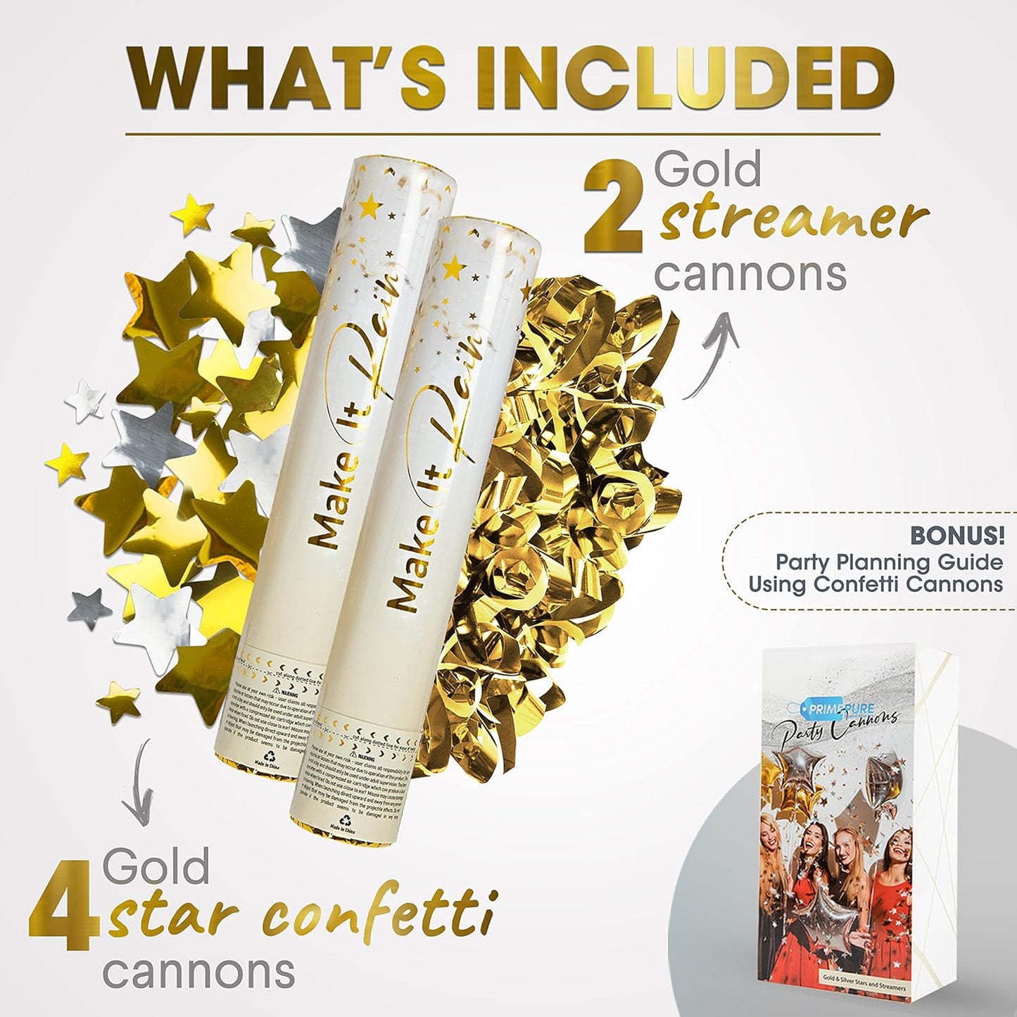 PrimePure Confetti Cannon Party Poppers - Gold Star Confetti Poppers & Streamers - 6 Pack - New Years Party Cannon - Gold Glitter Stars Pop Gun for NYE 2026, Wedding, Birthday, Celebration, Pranks