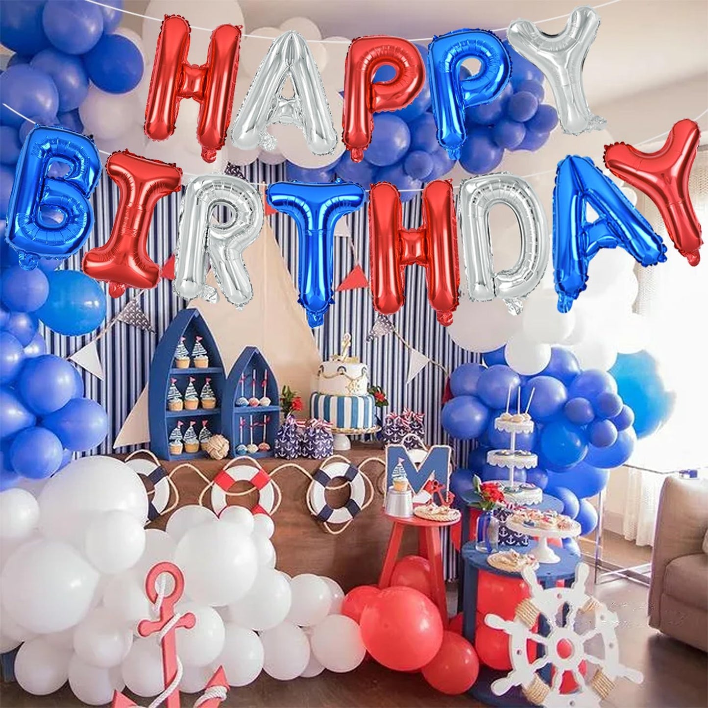 TONIFUL Happy Birthday Balloons Banner 16 Inch Mylar Letters Birthday Sign Banner Balloon Bunting Reusable for Patriotic Party Supplies Independence Day Labor Day Birthday Party（Blue Silver Red）