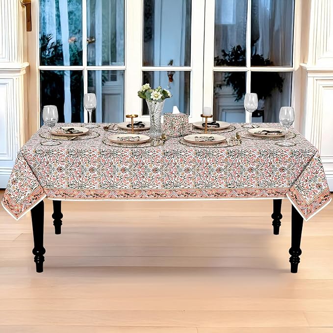 Ridhi Hand Block Print Sassy Salmon Emerald Green Rectangle Cotton Tablecloth 140" x 72" Reusable Table Cover Decorative Everyday Use for Dining, Farmhouse, Home Gift for Spring, Easter, Valentine