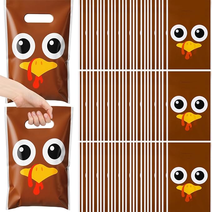 Supervitae 100 Pcs Thanksgiving Turkey Plastic Gift Bags Bulk Fall Party Favor Bags with Handles for Fall Autumn Birthdays Weddings Snacks Goodie Candy Treat Party Favors Supplies