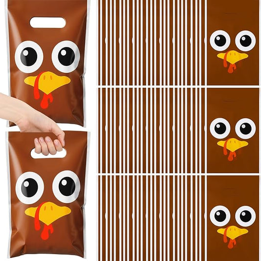 Supervitae 100 Pcs Thanksgiving Turkey Plastic Gift Bags Bulk Fall Party Favor Bags with Handles for Fall Autumn Birthdays Weddings Snacks Goodie Candy Treat Party Favors Supplies