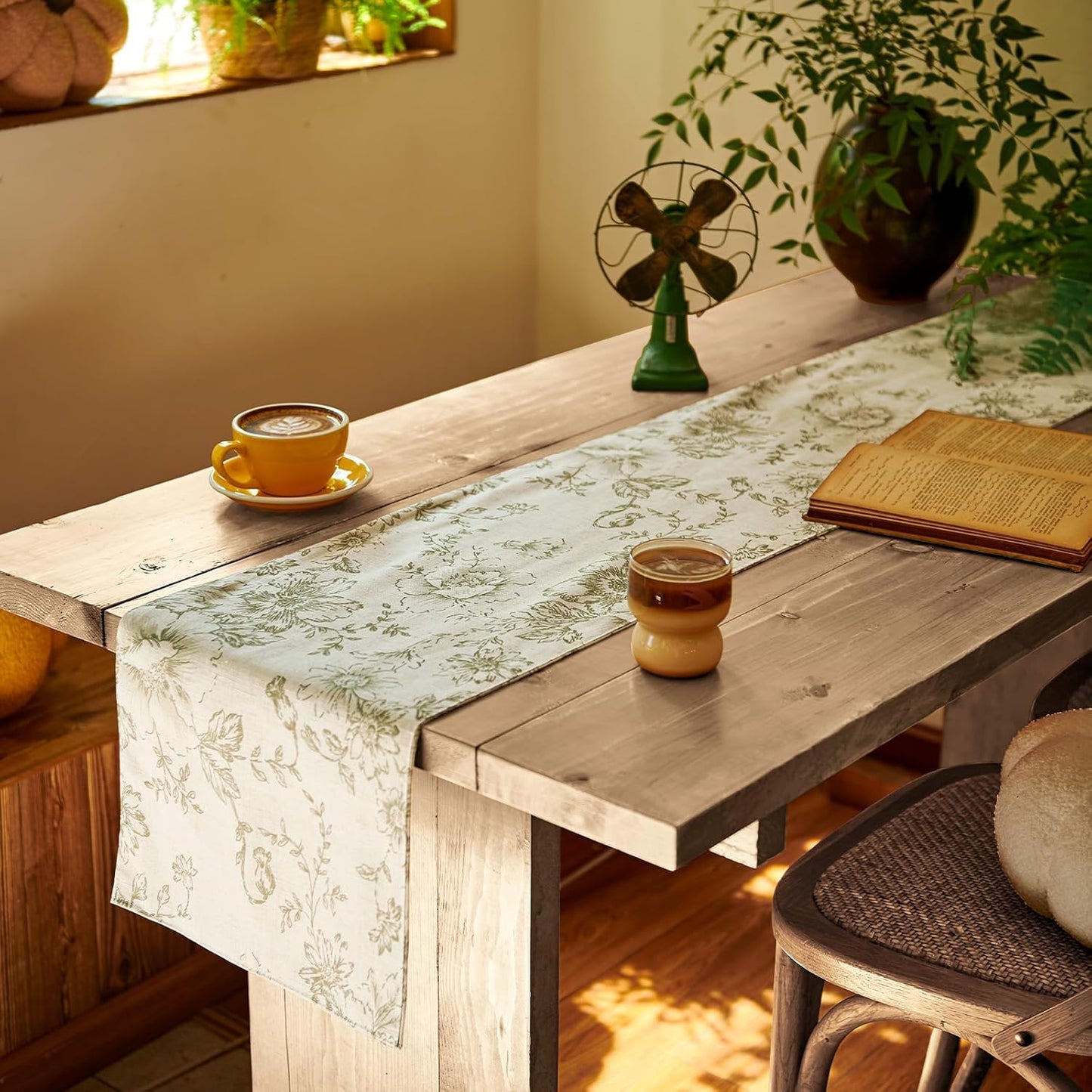 jinchan Floral Linen Table Runner for Kitchen Farmhouse Table Cloth with Sage Flower Print 13 x 90 Inch Beige Linen Blend Cloth for Kitchen Dining Table Indoor Outdoor Decor 1 Panel