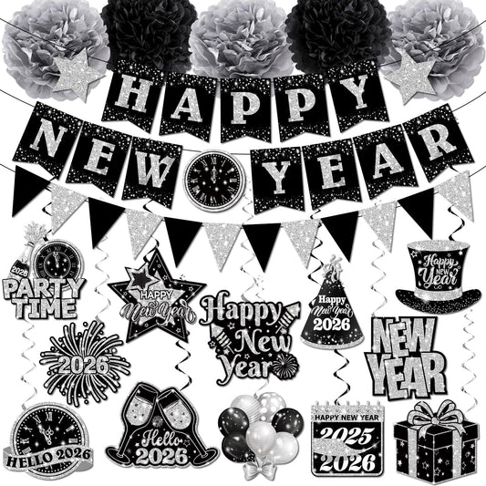 New Years Decorations Hanging Swirls,Black and Silver 2026 New Years Eve Decorations Banner Ceiling Hanging Pom Pom Garland Triangle Flag for Happy New Year Decorations