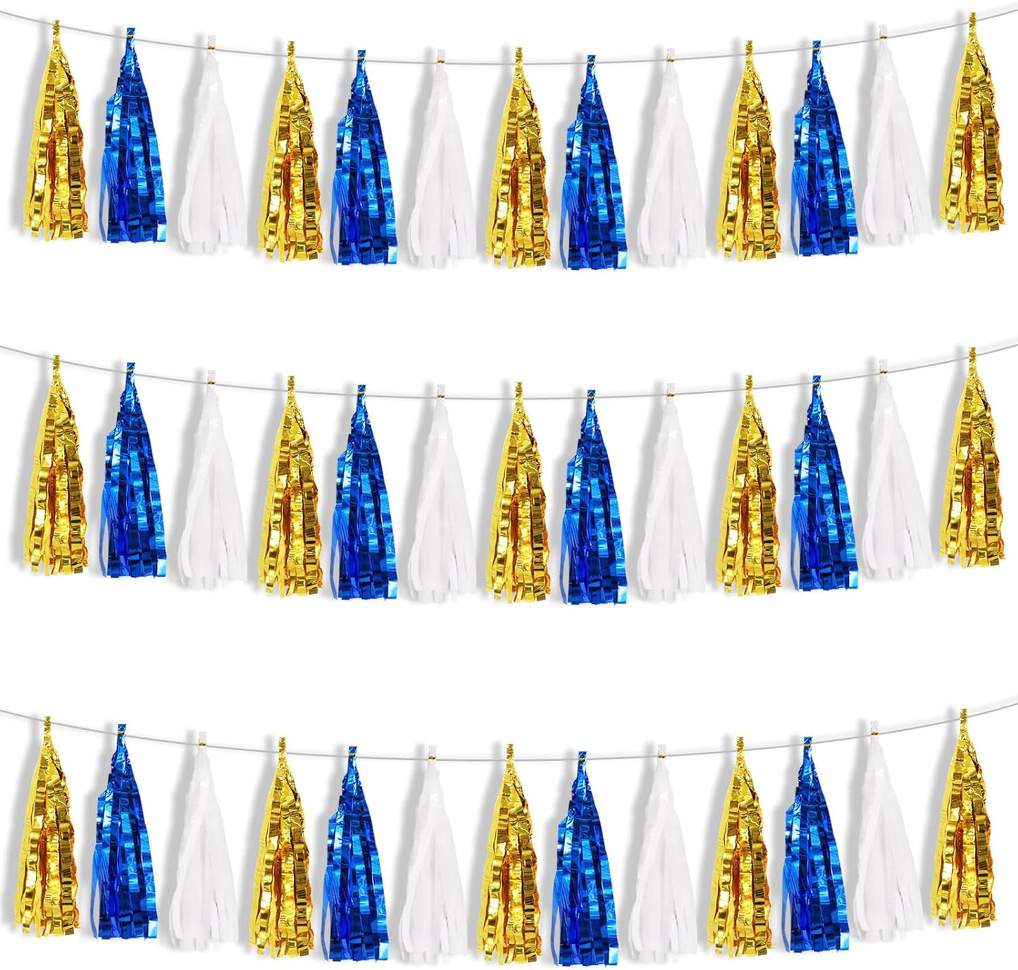 BEISHIDA 3 Packs Blue Gold White Metallic Foil Fringe Tassel Garland, Tassels Banner Streamers for Car Floats Bridal/Baby Shower Birthday Wedding Halloween Christmas Holiday Party Decoration