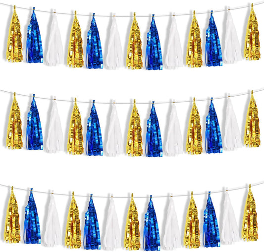 BEISHIDA 3 Packs Blue Gold White Metallic Foil Fringe Tassel Garland, Tassels Banner Streamers for Car Floats Bridal/Baby Shower Birthday Wedding Halloween Christmas Holiday Party Decoration