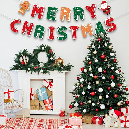 Merry Christmas Decorations Banners - Paper Christmas Banner, Santa Claus Reindeer Sign Garland Backdrop for Winter Xmas Indoor Outdoor Home Office Fireplace Wall Party Decor Supplies Favors Props