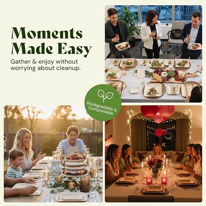 Chic Leaf Palm Leaf Disposable Bamboo Plates – Square, Biodegradable & Compostable Party Plates for Weddings, Parties & Events, Romantic Table for Valentine's Day Dinner (10", 20 Pack)