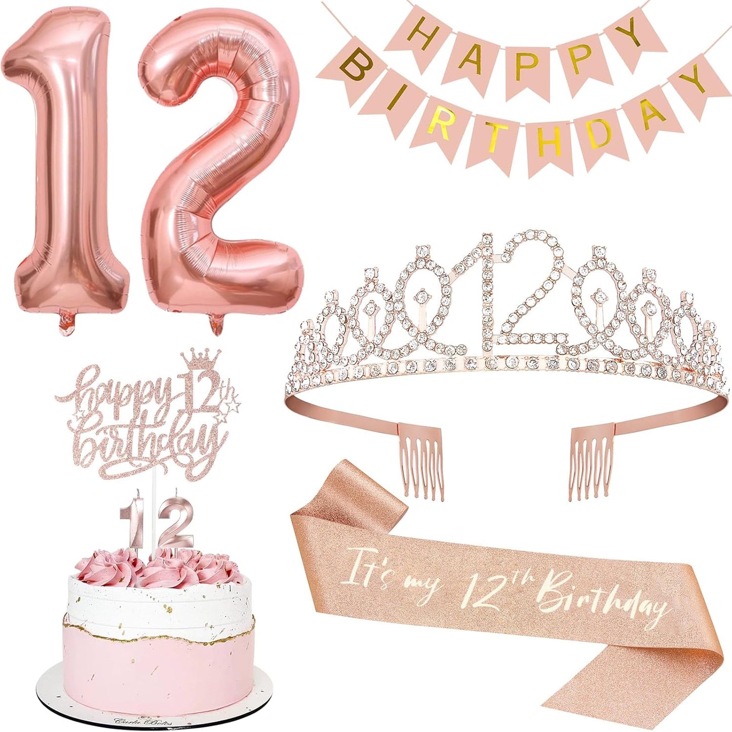 12th Birthday Decorations for Girls, Including 12th Tiara and Sash, Happy Birthday Banner, Cake Toppers, Number Candles and Balloons Set, Rose Gold