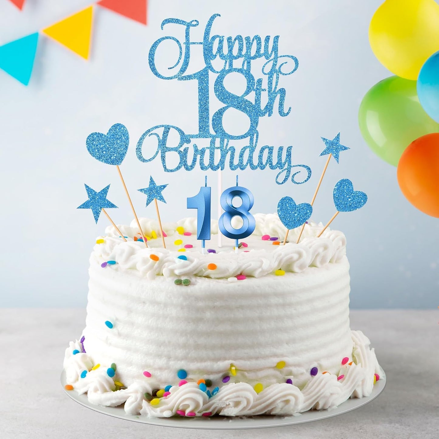 18th Birthday Cake Decorations, 18th Birthday Candles Cake Numeral Candles and Glitter Happy 18th Birthday Cake Toppers Set for Birthday Party Supplies (Blue)