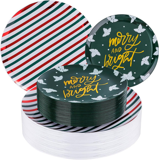 WDF 50 Pieces Christmas Plastic Plates - Christmas Plates Disposable include 25 Christmas Dinner Plates and 25 Christmas Salad Plates - Red and Green Plates for Christmas party&winter
