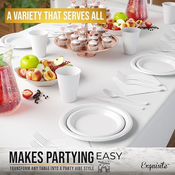 Party Solids 350 Pieces White Plastic Plates For Party, White Disposable Plates Set, 50 Of Each 9" Dinner Plate Set, 7" Dessert Plate, Cups, Napkins & Cutlery Plastic Dinnerware