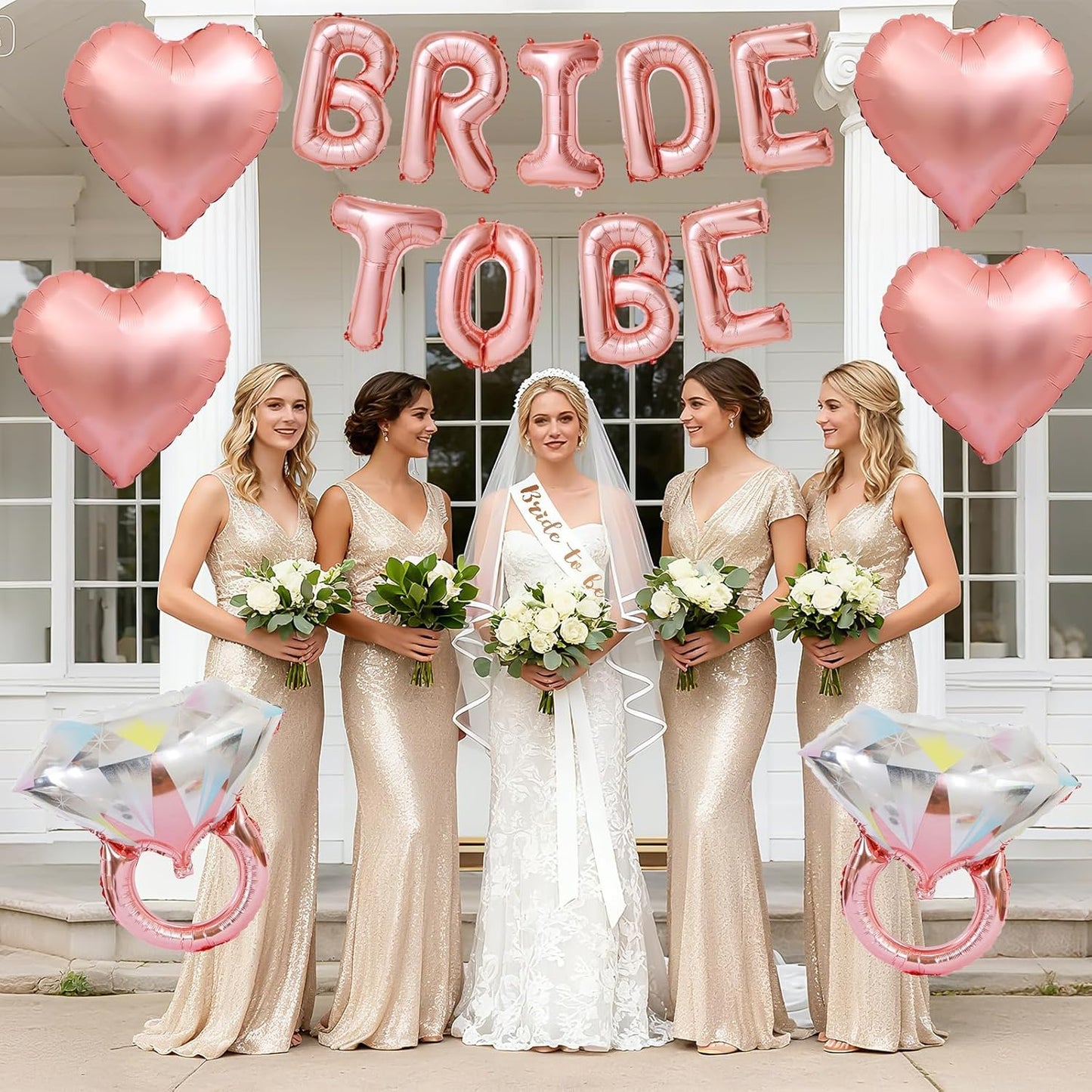 Rose Gold Bachelorette Party Decorations, Rose Gold Bride to Be Banner Heart Balloon with Diamond Ring Foil Balloon, Bride to Be Sash&Veil for Bachelorette Engagement Gift Bridal Shower Party Supplies