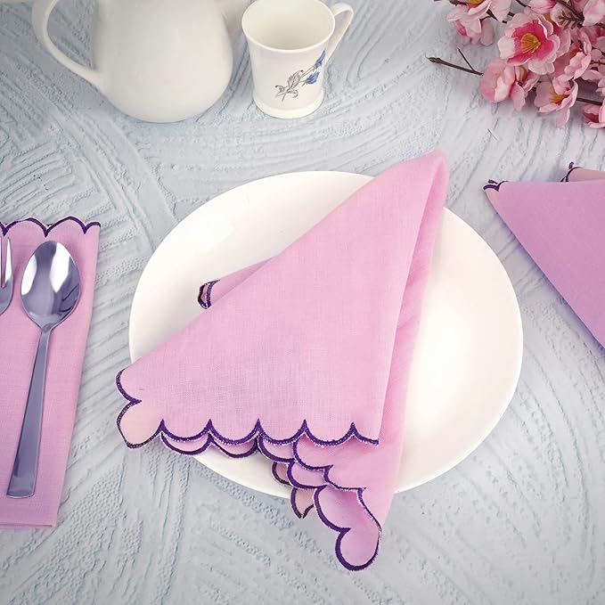 FINGERCRAFT Cloth Napkins, Everyday Use Reversible Scallop Design, Premium Quality Cotton Linen Blend Napkin Set of 6 Perfect for Parties Dinners Weddings Easter Napkin Cloth 20x20 Inch Pastel Rose