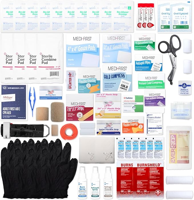 MFASCO 4 Shelf Commercial First Aid Kit, Type I & II, 2021 OSHA Approved,ANSI Z308.1-2021 Compliant, 528 pcs Latex-Free, Wall Mount Cabinet,No Medications,Easy Refilling Instructions, with Tourniquet