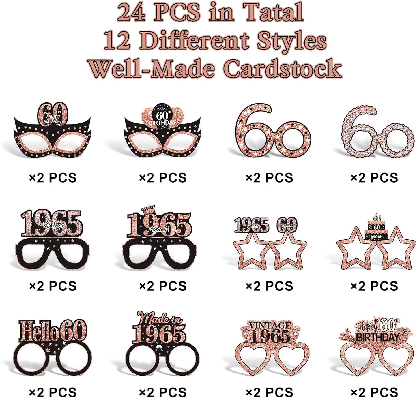 24Pcs 1965 60th Birthday Paper Glasses Decorations for Women - Rose Gold Happy 60th Birthday Paper Eyeglasses Photo Props Gifts, Vintage 1965 60 Years Old Birthday Party Supplies