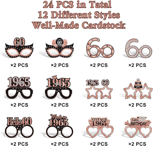 24Pcs 1965 60th Birthday Paper Glasses Decorations for Women - Rose Gold Happy 60th Birthday Paper Eyeglasses Photo Props Gifts, Vintage 1965 60 Years Old Birthday Party Supplies