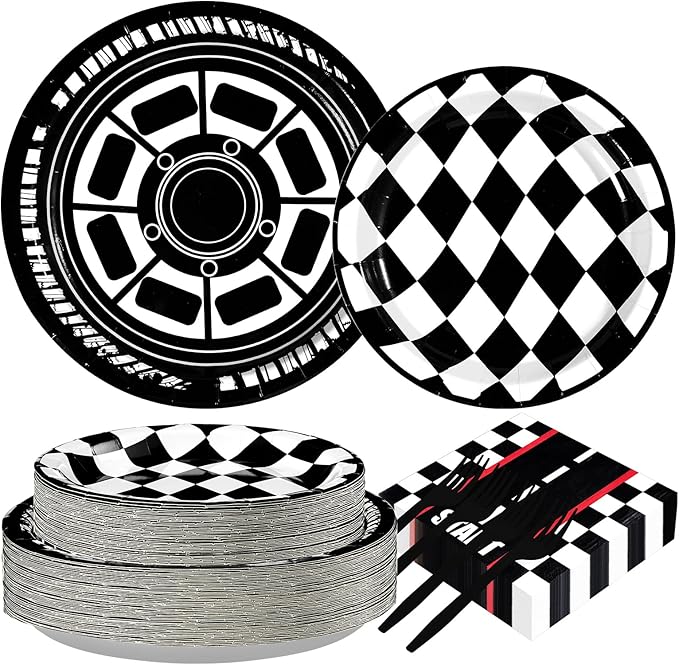 Grencian 200Pcs Race Car Birthday Party Decorations Race Car Plates and Napkins Disposable Black White Checkered Paper Tableware Set for Children Men Racing Themed Birthday Party Supplies Serve 24