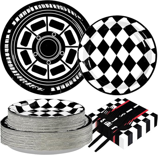 Grencian 200Pcs Race Car Birthday Party Decorations Race Car Plates and Napkins Disposable Black White Checkered Paper Tableware Set for Children Men Racing Themed Birthday Party Supplies Serve 24
