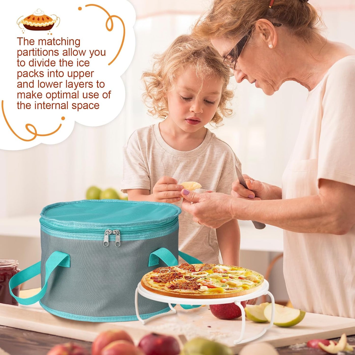 Yaomiao 2 Sets Round Pie Carrier 11 x 7 Inch with Dish Tray Plate Stacker Insulated Casserole Carrier with Lid and Handle Reusable Cooler Thermal Bags for Cold Food for Potluck Picnic (Gray and Teal)