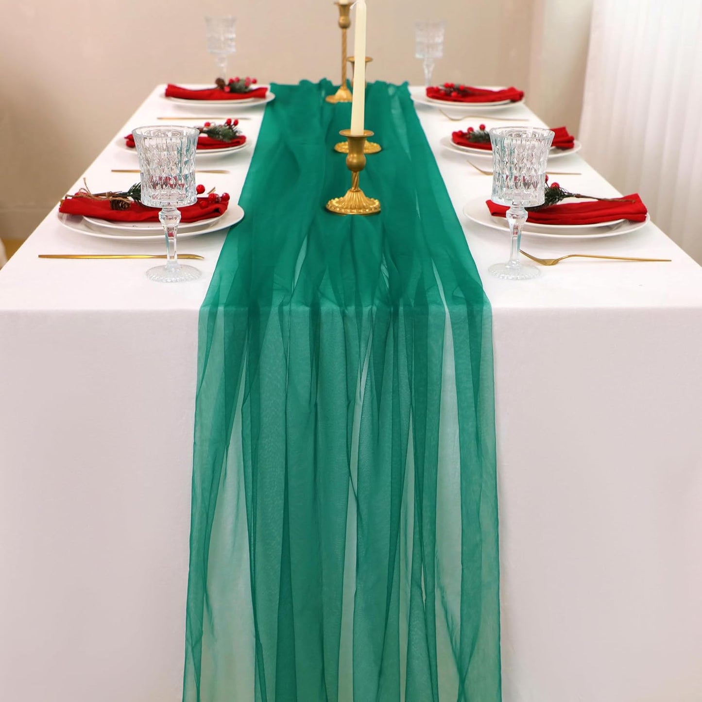 Snowkingdom Emerald Green Table Runner, 10FT Sheer Tulle Cheesecloth Gauze Runner 120 Inch, Rustic Vintage Bohemian Table Decor for Wedding Baby Shower Birthday Christmas Party Holiday