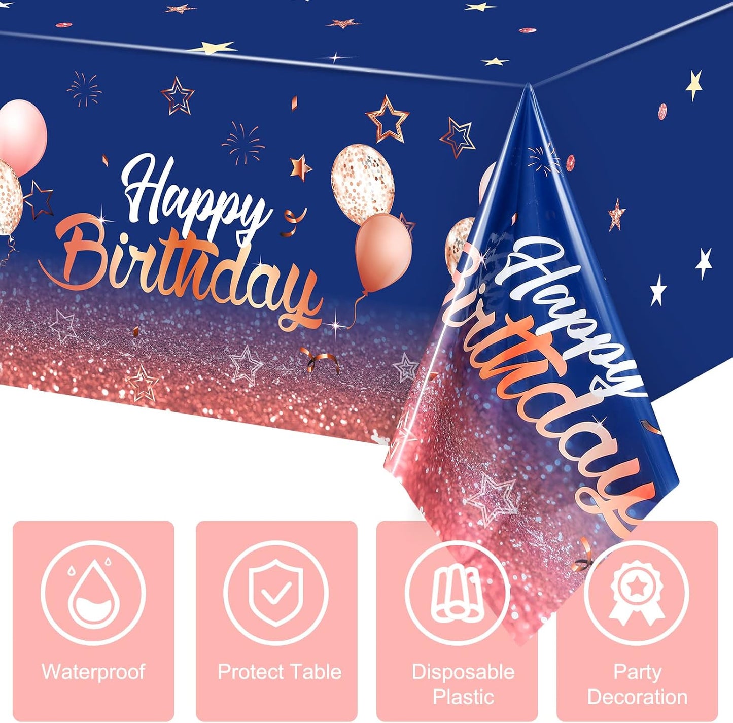 Tegeme Navy Blue Party Supplies Stars Happy Birthday Tablecloths Starry Confetti Table Covers for Kids Boys Girls Baby Shower Birthday Party Decorations(Navy Blue and Pink,3 Pack)