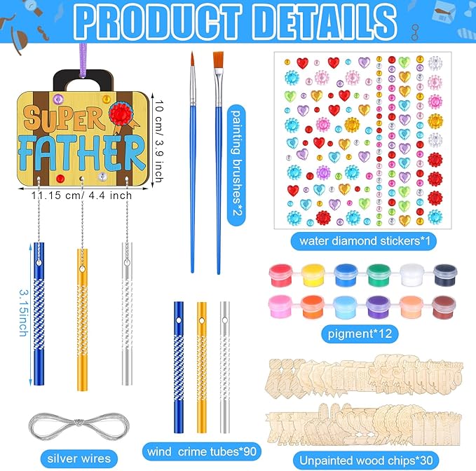 DoubleFill 30 Pack Father’s Day Wind Chime Craft Kit, DIY Paintable Wooden Wind Chimes with Tubes, Make Your Own Hanging Art Ornaments for Dad Birthday Gifts Party Decorations