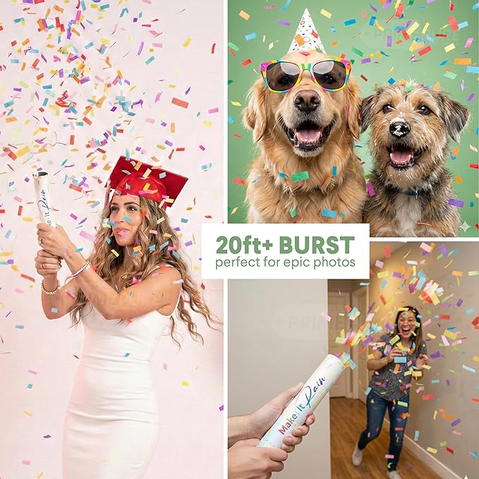 PrimePure Confetti Cannon Party Poppers - Biodegradable Multicolor Rectangular Confetti Poppers - 6 Pack - Party Cannon Shooters Gun for Wedding, Birthdays, Celebrations
