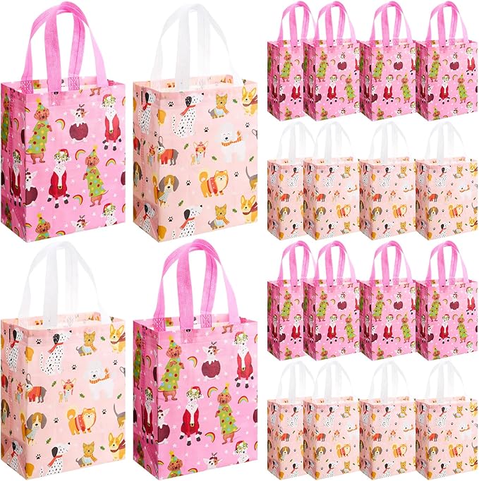 Wovnet 30 Pcs Dog Themed Gift Bags with Handles Pink Dog Tote Bags Reusable Non Woven Shopping Goodie Treat Bag for Puppy Birthday Party Adoption Celebration, Pet Lover, 10 x 8 x 4in