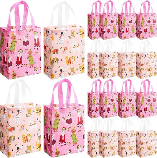 Wovnet 30 Pcs Dog Themed Gift Bags with Handles Pink Dog Tote Bags Reusable Non Woven Shopping Goodie Treat Bag for Puppy Birthday Party Adoption Celebration, Pet Lover, 10 x 8 x 4in