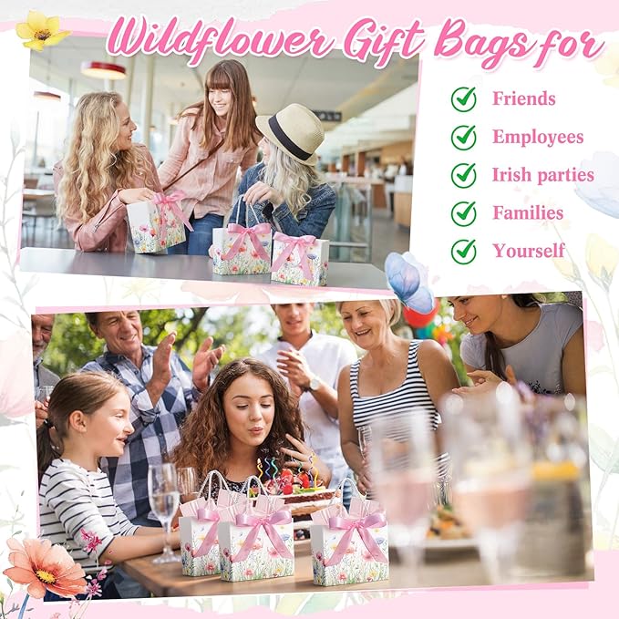 Moinchore 30 Pcs Wildflower Paper Gift Bags Bulk 5.5 x 4.7 x 2.5 in Mini Floral Favor Bags with Handles Bow Ribbon Wrap for Spring Summer Birthday Wedding Home Bridal Shower Garden Supplies