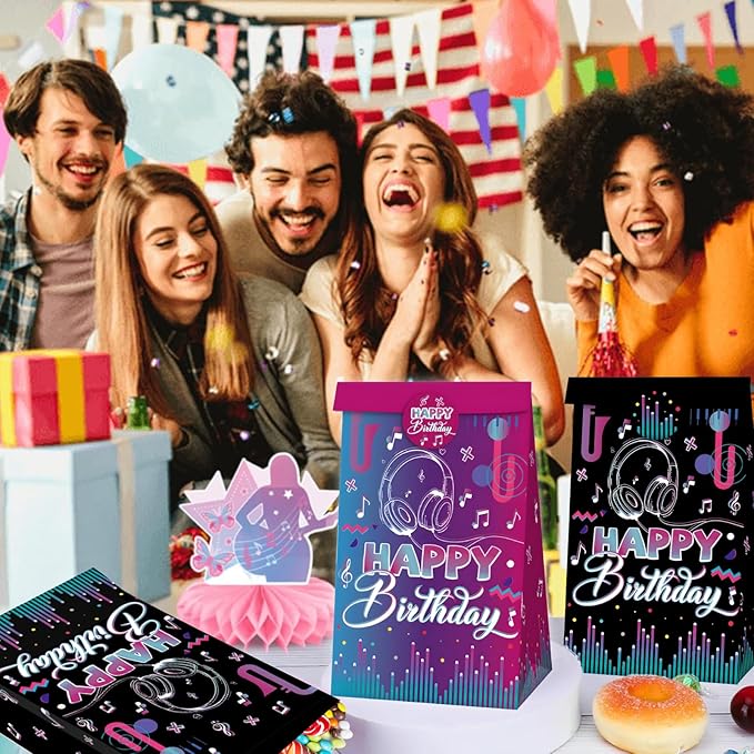 Happy Birthday Party Favors Gift Bags Candy Goodie Bag Black-Purple Decorations Treat Bag 2 Styles Popular Singer Music Paper Rack N Roll Wedding Bridal Baby Shower Decor(12 Pcs)