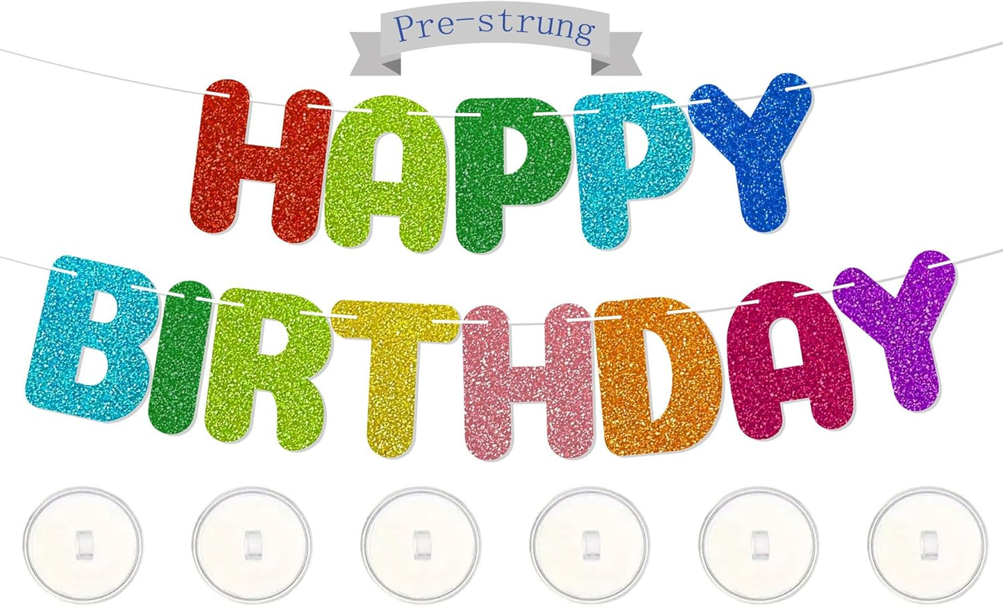 Rainbow Happy Birthday Banner,with adhesive hooks,colorful gradient letter party banner,Glitter Decor,Kids Baby Adults Birthday Decorations Party Supplies(Pre-Strung)
