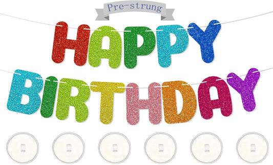 Rainbow Happy Birthday Banner,with adhesive hooks,colorful gradient letter party banner,Glitter Decor,Kids Baby Adults Birthday Decorations Party Supplies(Pre-Strung)