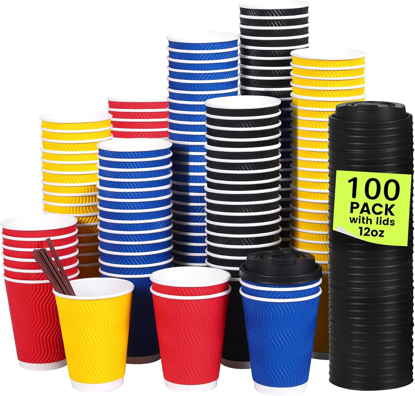 4-Color Assortment Coffee Cups (Red, Blue, Black, Yellow) - 100-Pack of 12 oz Disposable Paper Cups with Lids, Stirring Straws, Insulated Corrugated Wall for Hot & Cold Drinks