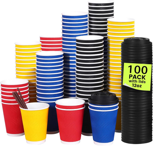 4-Color Assortment Coffee Cups (Red, Blue, Black, Yellow) - 100-Pack of 12 oz Disposable Paper Cups with Lids, Stirring Straws, Insulated Corrugated Wall for Hot & Cold Drinks