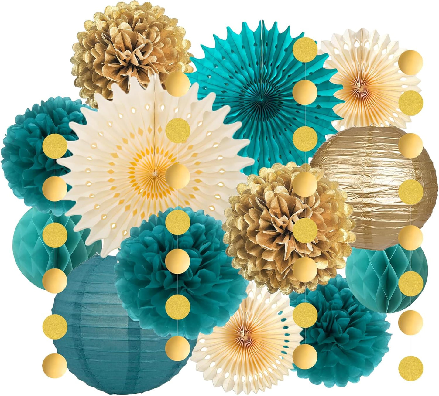 Dark Teal and Gold Party Decorations Dark Teal and Gold Paper Fans Paper Lanterns Pom Poms Flowers for Baby Shower Birthday Wedding Engagement Party
