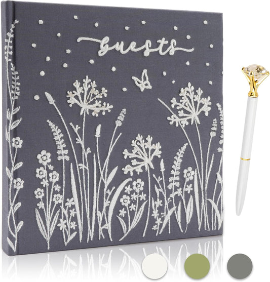 Embroidered Wedding Guest Book—The Perfect Polaroid Guest Book for Wedding Receptions, Birthdays, Baby Showers, and Special Events with 3 DIY pens+1 Diamond Pen(Gray)