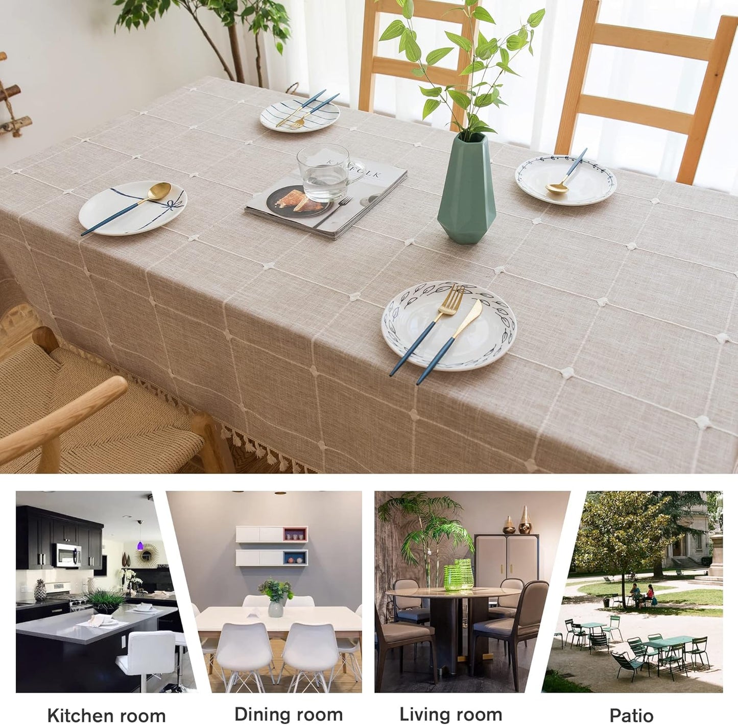 Pahajim Rustic Linen Tablecloth Cotton Rectangle Table Cloth for Kitchen Dining with Tassel Plaid Waterproof Tablecloths Rectangle/Oblong,55''x71'',4-6 Seats