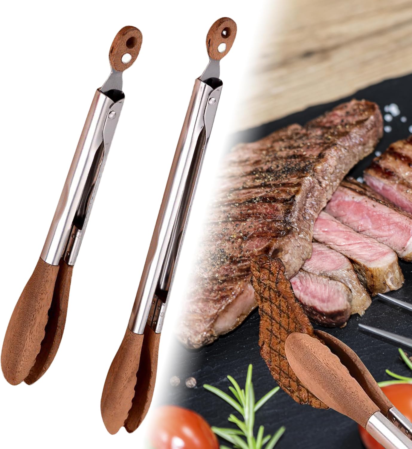 Wooden Tongs for Cooking, Kitchen Salad Locking Tongs for Serving Food, Toast, Bread, Stainless Steel Tong with Walnut Wood Tip, Food Tongs Set 9 & 12 inch for BBQ, Outdoor Camping Grill, Picnic