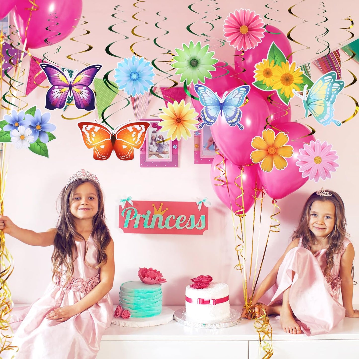36 Pcs Butterfly Flower Party Decoration Hanging Swirl Streamer Hanging Ceiling Paper Flora Butterfly Decoration for Summer Spring Wedding Home Garden Girl Birthday Baby Shower Tea Party
